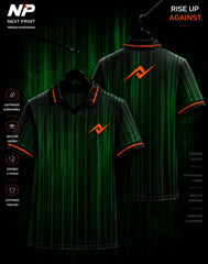 Front and back view of NextPrint emerald green pinstripe sublimation polo jersey with orange logo and premium performance sportswear design.
