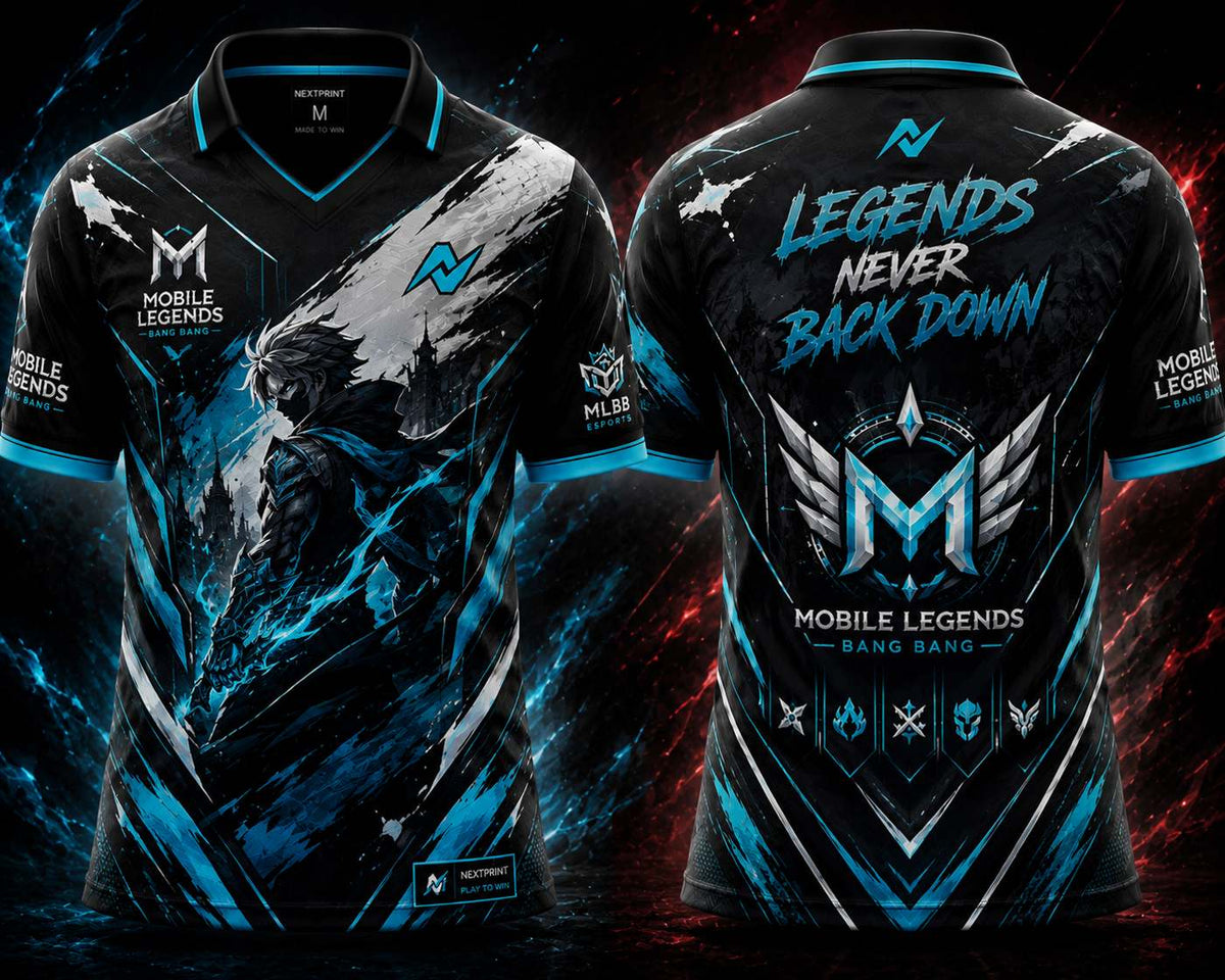 Front and back view of the NextPrint Eternal Valor Mobile Legends jersey featuring black, cyan blue, and silver esports graphics with futuristic warrior artwork and premium gaming styling.