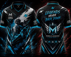 Front and back view of the NextPrint Eternal Valor Mobile Legends jersey featuring black, cyan blue, and silver esports graphics with futuristic warrior artwork and premium gaming styling.