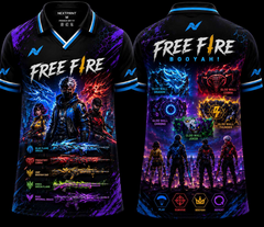 NextPrint Free Fire Evo Arsenal premium V-neck esports jersey featuring legendary Evo gun skins, Gloo Wall designs, battle royale characters, and front and back artwork.