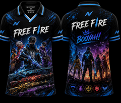 NextPrint Free Fire Evo Gun Skins Squad premium black and blue V-neck polo jersey featuring legendary weapon skins, battle royale characters, and front and back design.