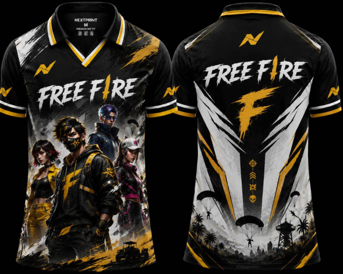 NextPrint Free Fire Legends Squad premium black and gold V-neck polo esports jersey featuring battle royale character artwork and front and back design.