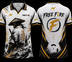 NextPrint Free Fire Samurai Warrior premium white and gold V-neck esports jersey featuring Japanese samurai artwork with front and back design.