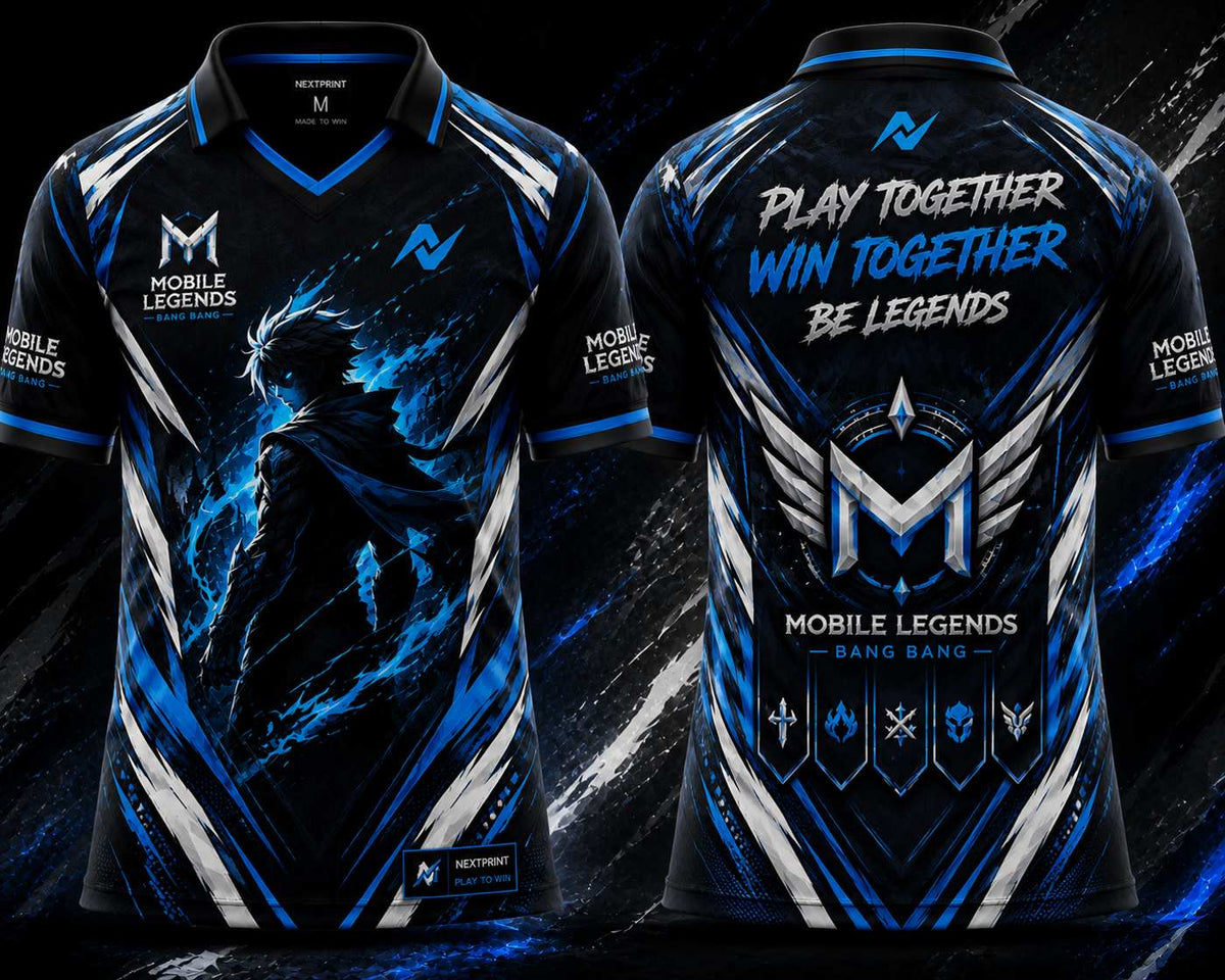 Front and back view of the NextPrint Frost Guardian Mobile Legends jersey featuring black, electric blue, and silver esports graphics with futuristic warrior artwork and premium gaming styling.