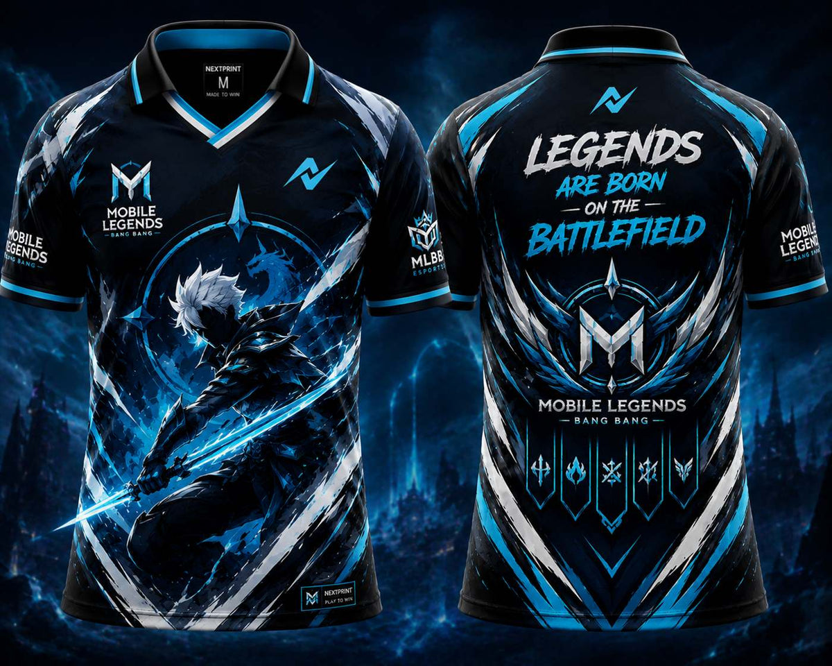 Front and back view of the NextPrint Frostblade Legends esports jersey featuring black, ice blue, and silver graphics with futuristic warrior artwork and premium gaming styling.