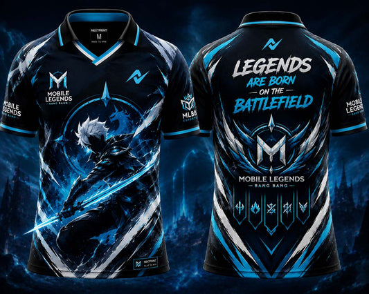 Front and back view of the NextPrint Frostblade Legends esports jersey featuring black, ice blue, and silver graphics with futuristic warrior artwork and premium gaming styling.