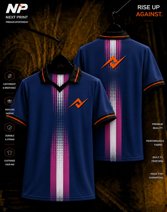NextPrint navy blue polo jersey with magenta and white center stripe premium sublimation sportswear front and back view