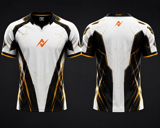 Front and back view of the NextPrint Gold Phantom white and black esports jersey featuring gold accents and the NextPrint logo on the chest and upper back neck area.