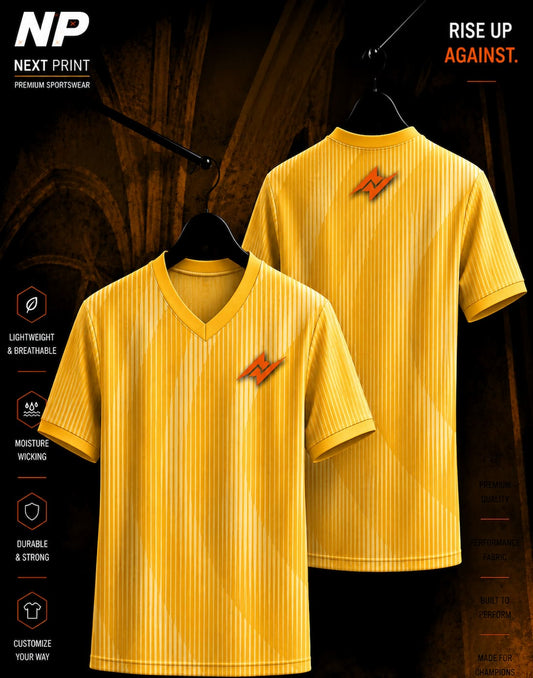 NextPrint gold striped custom sublimation sports jersey front and back mockup with premium performance fabric.
