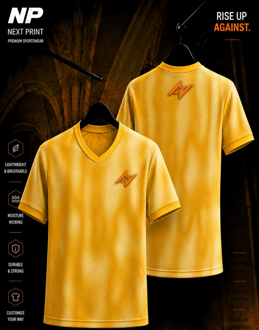 Premium golden mesh texture esports jersey with custom sublimation print by NextPrint.