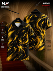Black and gold liquid-wave abstract dry-fit polo sports jersey with front and back views, featuring a premium athletic performance design by NextPrint.