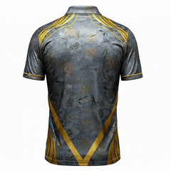 Gray polo shirt with gold accents and floral patterns on a white background