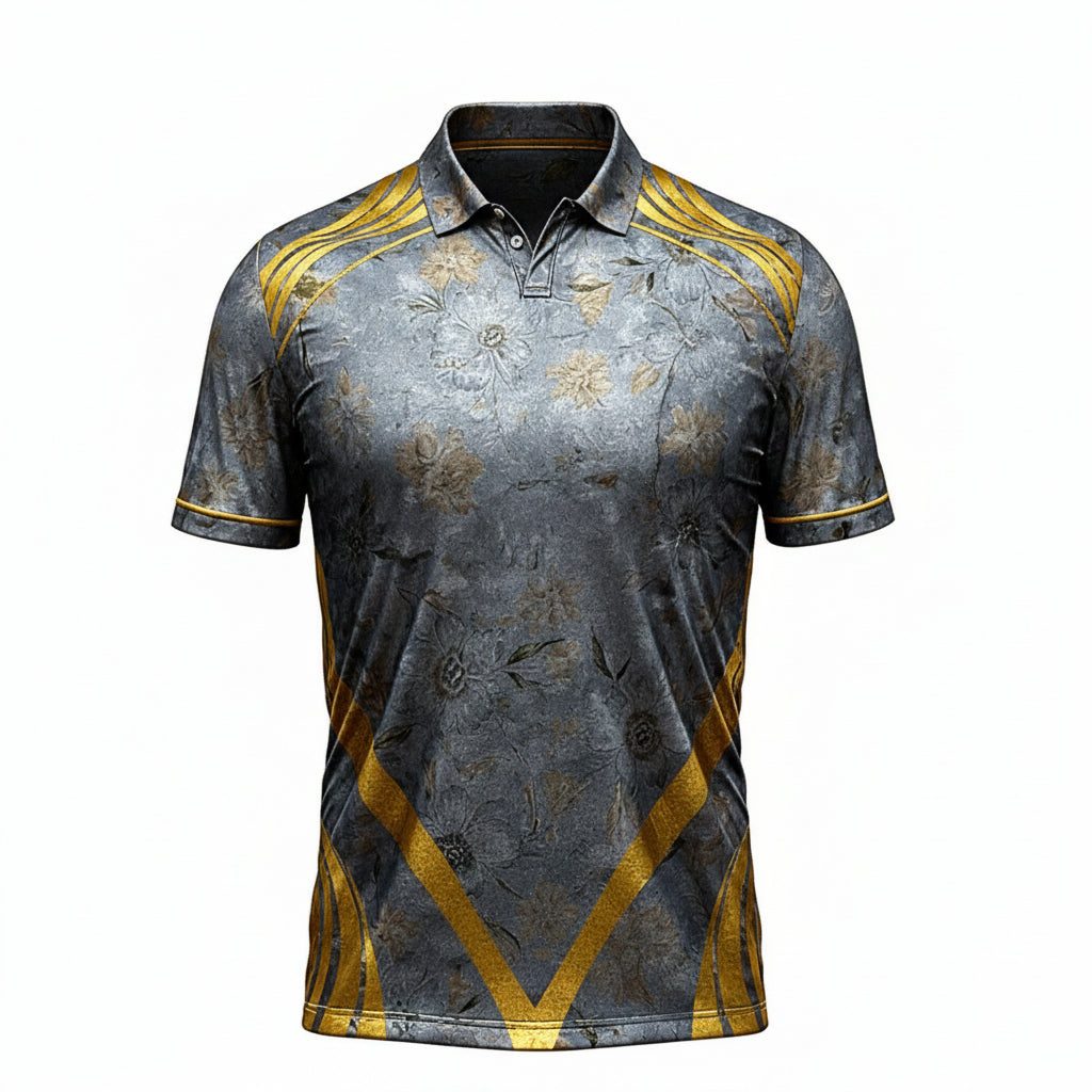 Gray and gold sports jersey with various brand logos on a white background