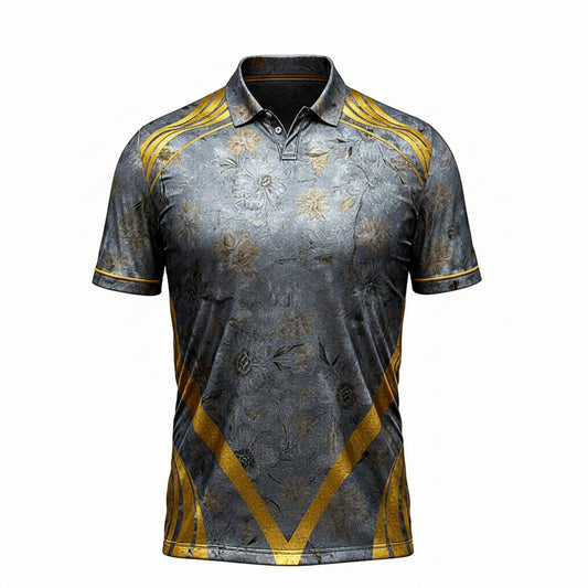 Gray and gold sports jersey with various brand logos on a white background