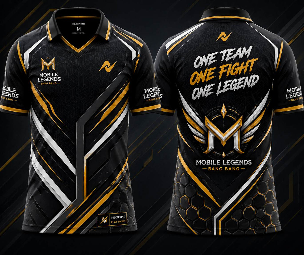 Front and back view of the NextPrint Hexa Strike Mobile Legends jersey featuring black, gold, and silver geometric esports patterns with premium V-neck polo styling.