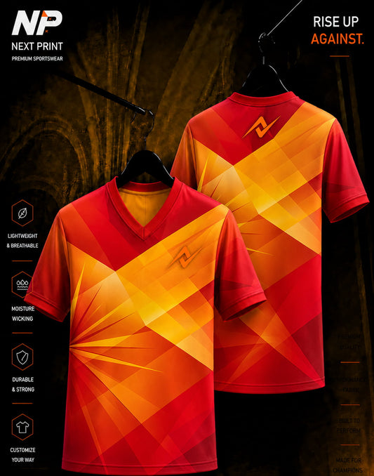 Front and back view of NextPrint Ignite Prism Red and Gold geometric esports jersey with premium sublimation print.