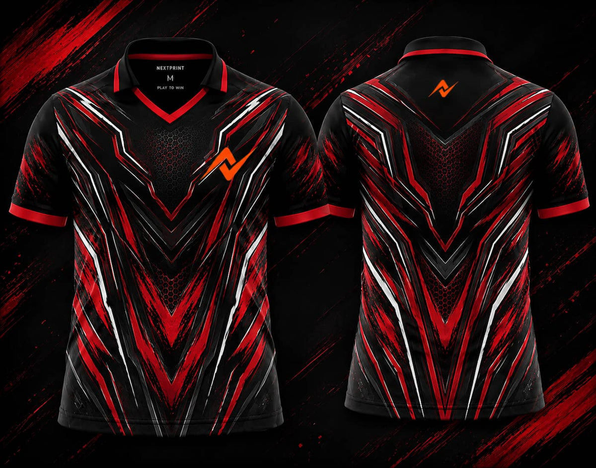 Front and back view of the NextPrint Infernal Fury esports jersey featuring black, red, silver, and graphite futuristic graphics with orange logo placement on the chest and upper back below the collar.