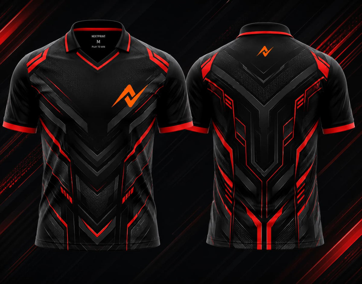 Front and back view of the NextPrint Inferno Core esports jersey featuring black, grey, and red futuristic armor graphics with orange logo placement on the chest and upper back below the collar.