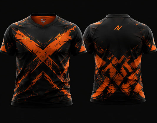 Front and back view of NextPrint Inferno Strike orange and black esports jersey for Free Fire and BGMI gaming teams.