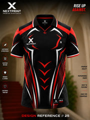 NextPrint Inferno Strike black red and white polo cricket jersey with modern geometric sports design and premium dry-fit fabric.