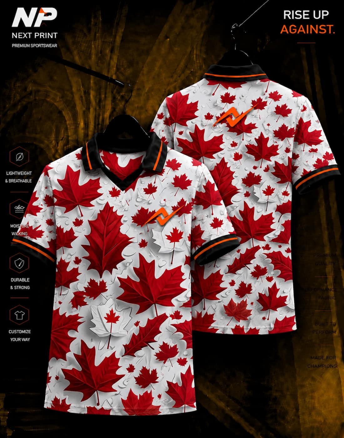 NextPrint premium red maple leaf custom sublimation polo jersey front and back mockup with orange logo