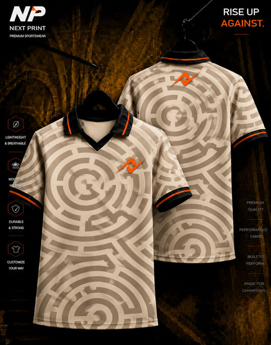 Front and back view of NextPrint Maze Pattern sand beige premium sublimation polo sports jersey featuring modern geometric circular maze graphics.