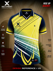 Premium neon yellow and navy blue polo cricket jersey featuring dynamic diagonal graphics and moisture-wicking dry-fit fabric.
