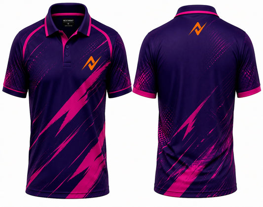 Front and back view of the NextPrint Neon Fury purple and pink cricket jersey featuring a premium polo collar, sublimation graphics, and NextPrint logo on the chest and back neck.