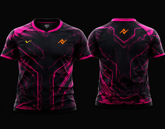 Front and back view of NextPrint Neon Phantom black and pink esports jersey for Free Fire and BGMI gaming teams.