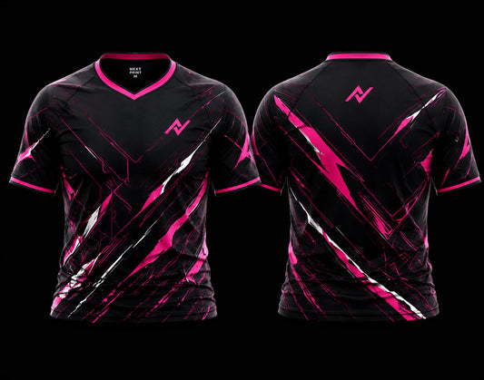 Front and back view of NextPrint Neon Strike Pro pink and black esports gaming jersey for Free Fire and BGMI teams.