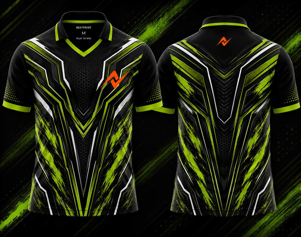 Front and back view of the NextPrint Neon Venom esports jersey featuring black, neon green, and silver futuristic graphics with orange logo placement on the chest and upper back below the collar.