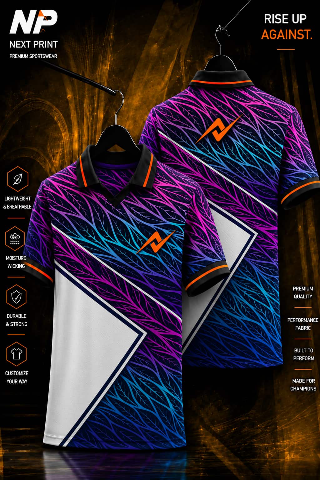 Next Print Neon Wave premium sublimation polo jersey front and back mockup featuring purple, blue and pink abstract wave pattern with orange logo