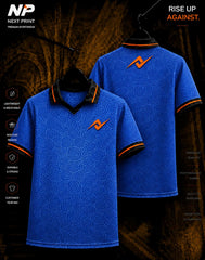 Front and back view of NextPrint Ocean Spiral royal blue premium sublimation polo sports jersey featuring all-over spiral pattern graphics.