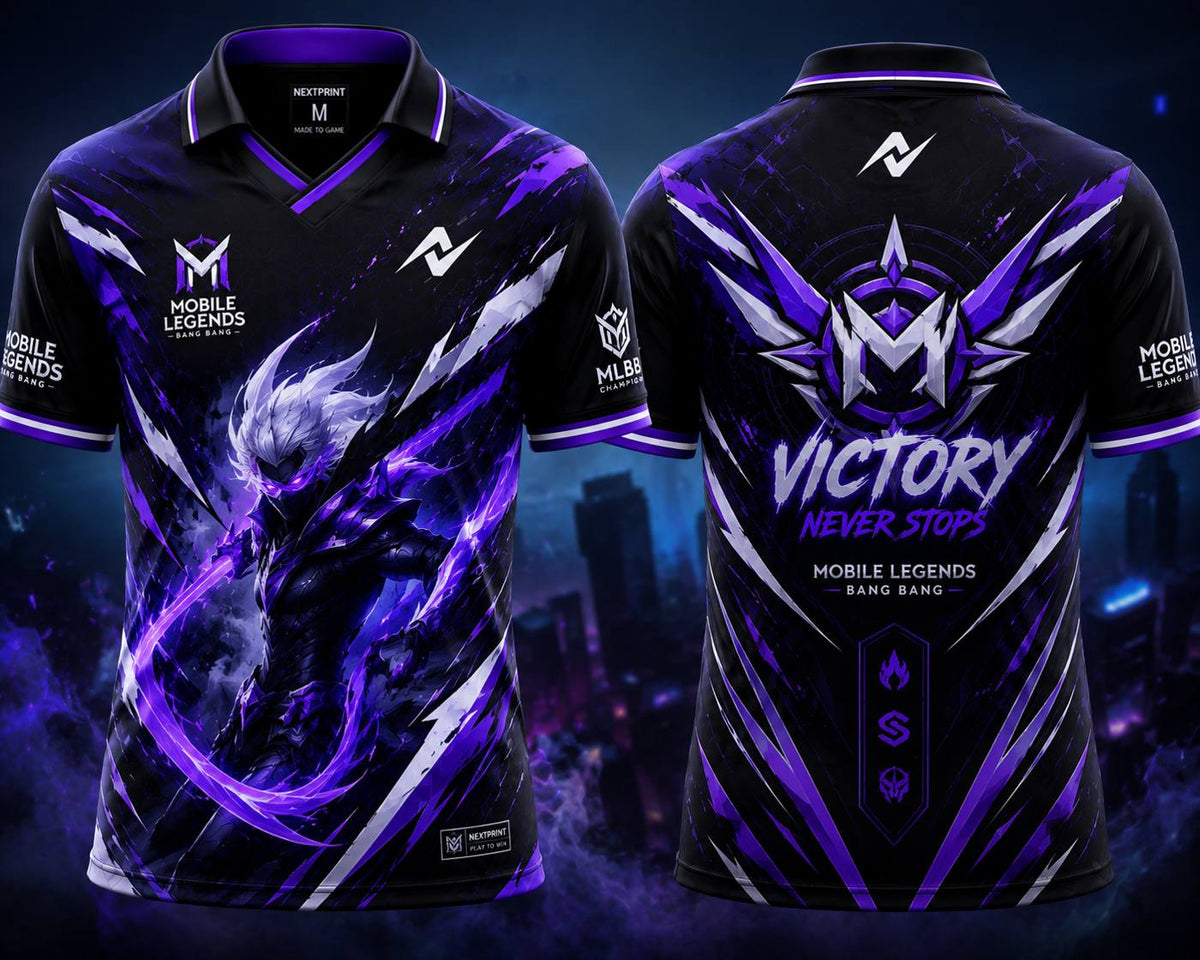 Front and back view of the NextPrint Phantom Eclipse Mobile Legends jersey featuring black, purple, and silver esports graphics with futuristic warrior artwork and championship-inspired design elements.