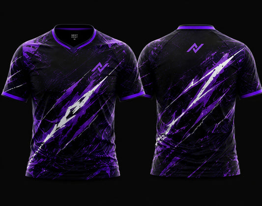 Front and back view of NextPrint Phantom Slash Pro purple and black esports gaming jersey featuring lightning slash graphics for Free Fire and BGMI teams.