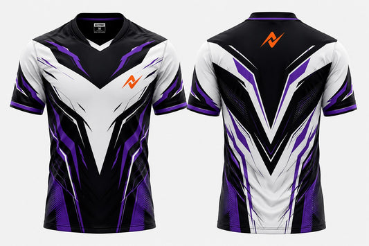 Front and back view of the NextPrint Phantom Vortex black, white, and purple esports jersey featuring the orange NextPrint logo on the chest and upper back neck area.