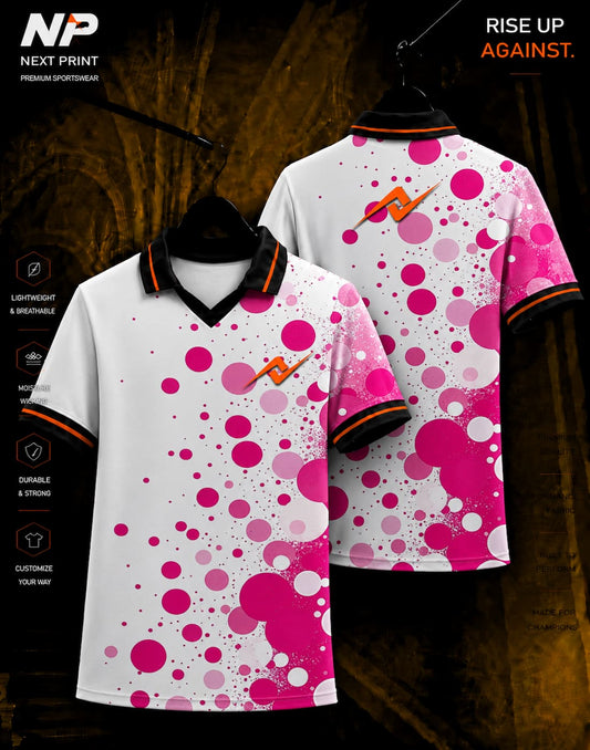 Next Print premium polo jersey featuring a pink bubble splash sublimation pattern with front and back views.