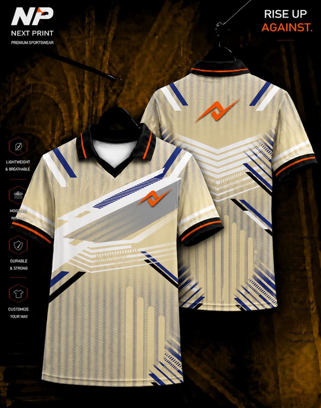Front and back view of Next Print premium gold and royal blue geometric sublimation polo jersey with customizable logo and team branding.