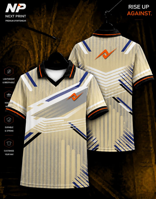 Front and back view of Next Print premium gold and royal blue geometric sublimation polo jersey with customizable logo and team branding.