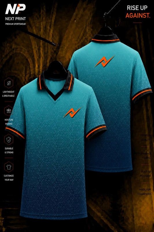 Premium teal gradient geometric polo sports jersey with front and back views, custom sublimation sportswear by Next Print.