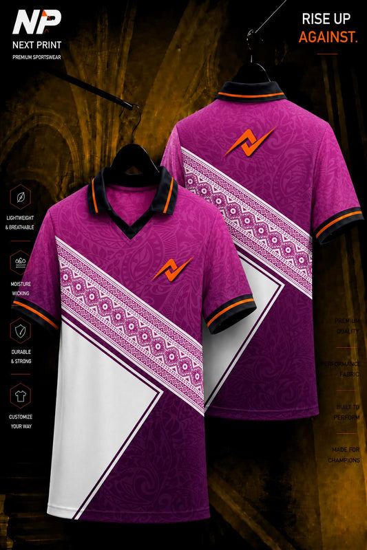 Next Print premium purple heritage pattern sublimation polo jersey front and back mockup with custom logo.