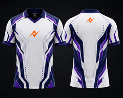 Front and back view of the NextPrint Quantum Armor white and purple esports jersey featuring futuristic exoskeleton graphics, an orange chest logo, and upper back neck logo placement.