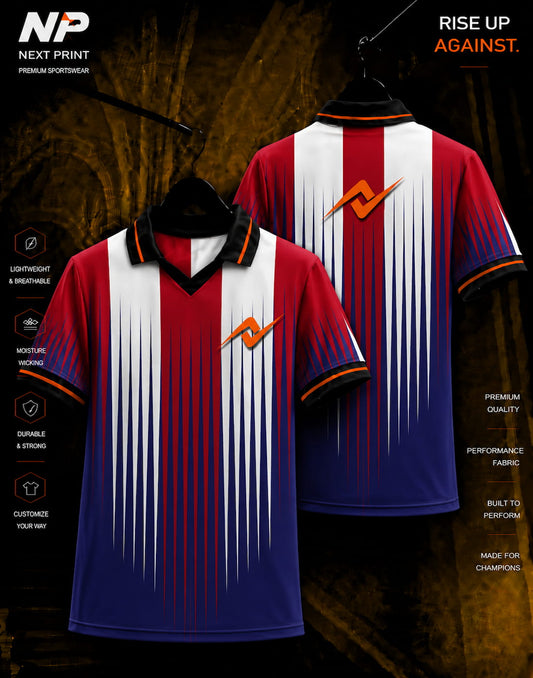 Red white and navy blue striped custom polo jersey front and back mockup with Next Print logo and premium sublimation sportswear design.