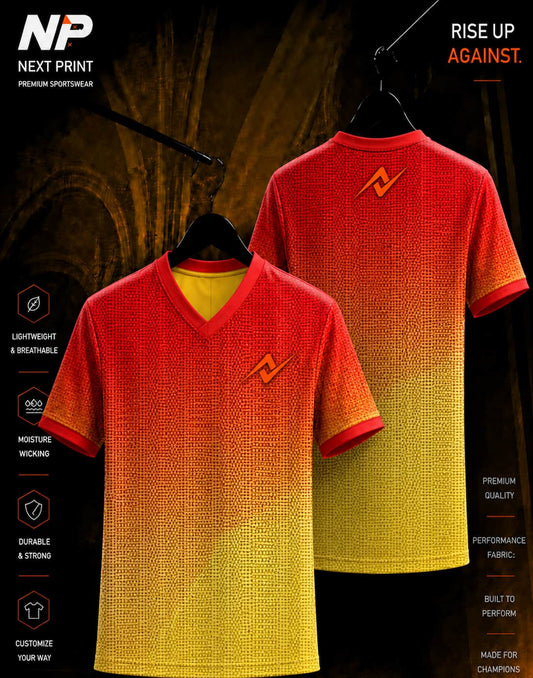 Next Print premium red yellow honeycomb gradient V-neck sublimation sports jersey front and back mockup with breathable performance fabric.