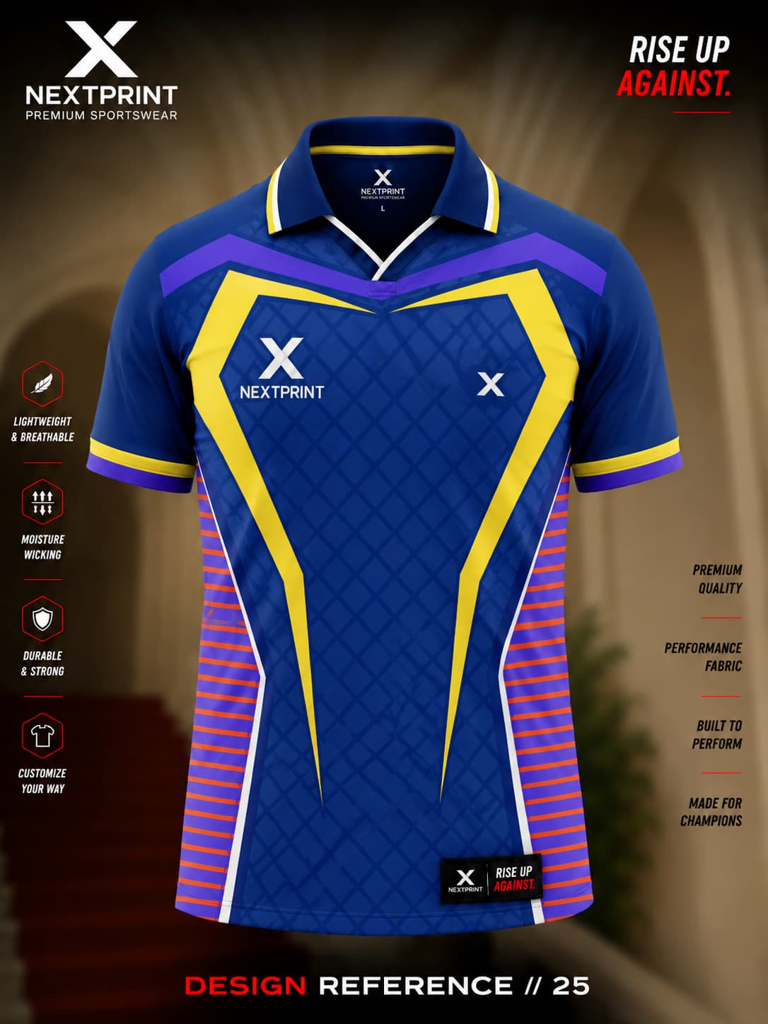 NextPrint Royal Apex polo cricket jersey featuring royal blue fabric with gold and purple geometric accents on premium dry-fit performance material.