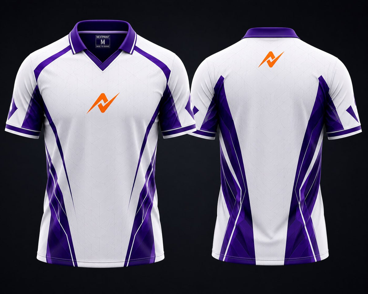Front and back view of the NextPrint Royal Edge white and purple esports jersey featuring a V-neck polo collar, orange chest logo, and upper back neck logo placement.