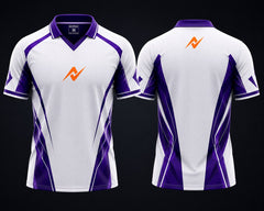 Front and back view of the NextPrint Royal Edge white and purple esports jersey featuring a V-neck polo collar, orange chest logo, and upper back neck logo placement.
