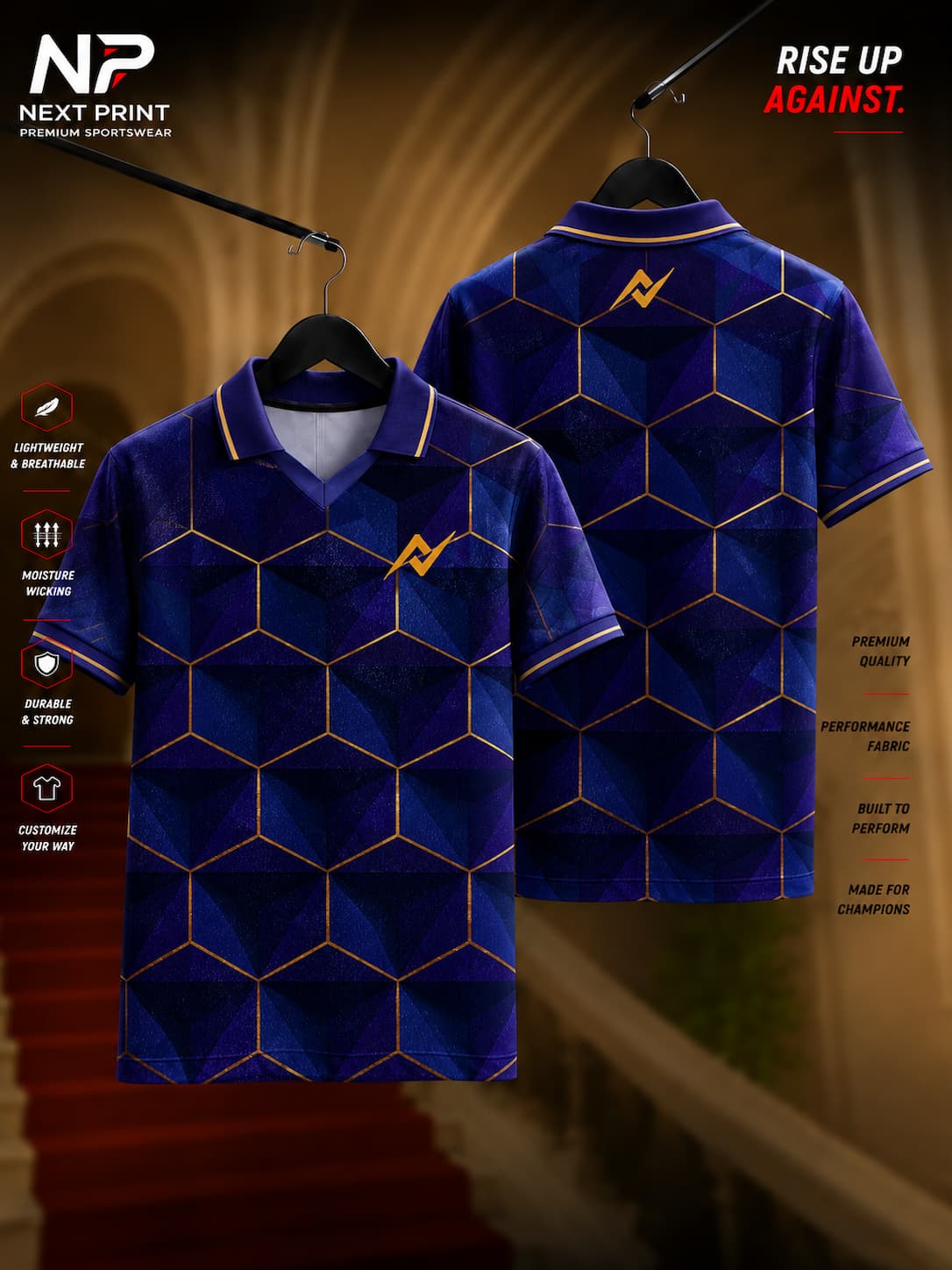 NextPrint Royal Prism navy blue geometric polo collar V-neck cricket jersey with gold accents made from premium dry-fit fabric.