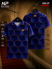 NextPrint Royal Prism navy blue geometric polo collar V-neck cricket jersey with gold accents made from premium dry-fit fabric.