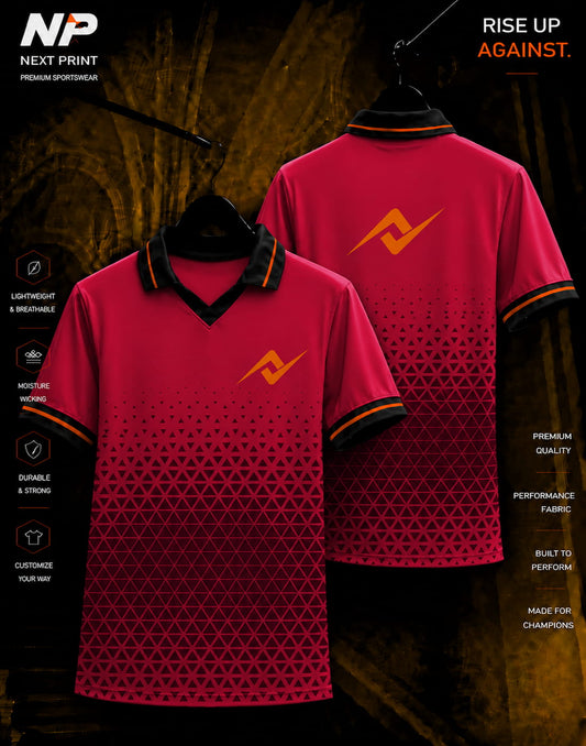 Next Print premium ruby red geometric performance polo jersey front and back mockup with custom logo